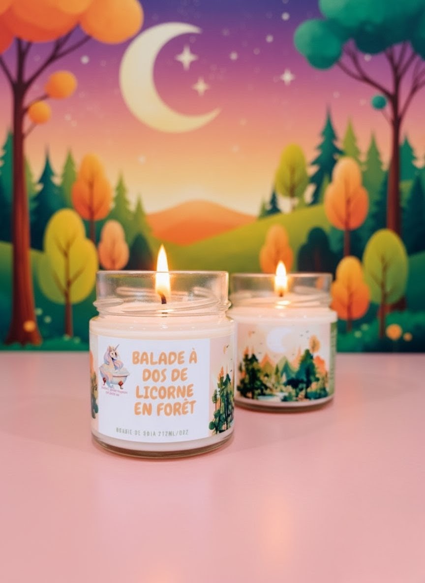 Bougie balade à dos de licorne en forêt (mèche en bois)